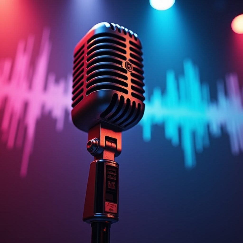 Cinematic wide-angle shot of a vintage microphone bathed in dramatic stage lighting, symbolizing the impactful milestones in Hip-Hop and R&B history.