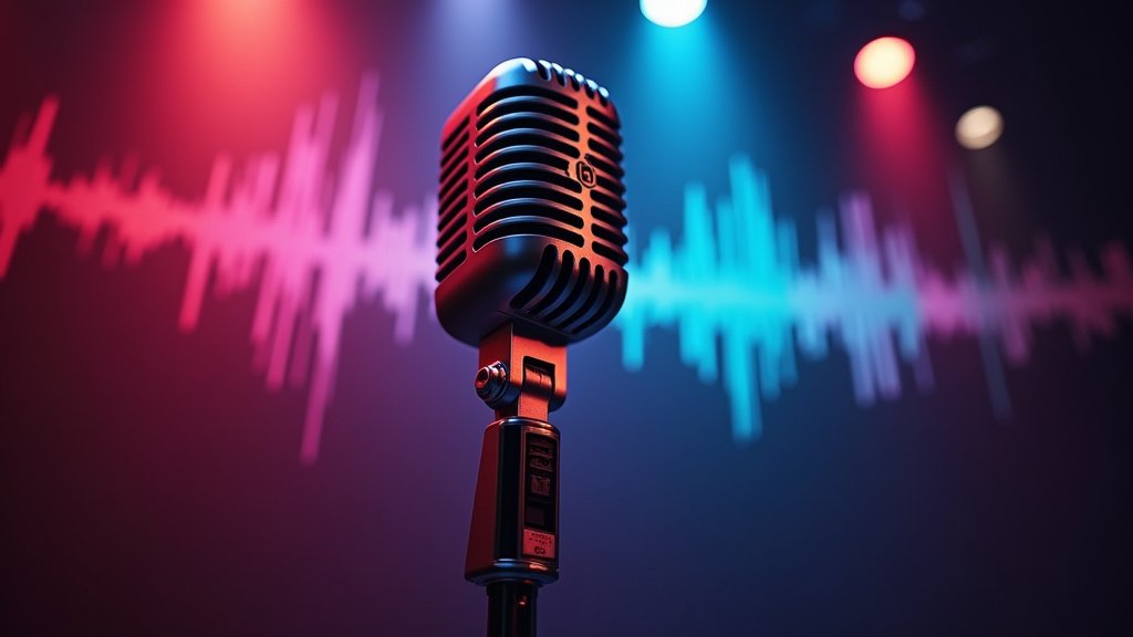 Cinematic wide-angle shot of a vintage microphone bathed in dramatic stage lighting, symbolizing the impactful milestones in Hip-Hop and R&B history.