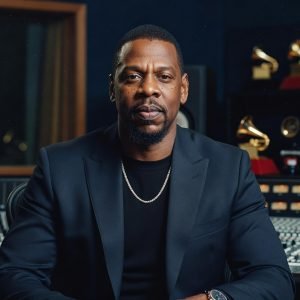 Jay-Z photographed in a professional editorial style, discussing the impact of the Drake-Kendrick Lamar feud on hip-hop culture.