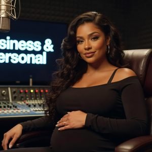 Rapper Latto in a professional news portrait, announcing her pregnancy and new album 'Big Mama' with her single "Business & Personal."