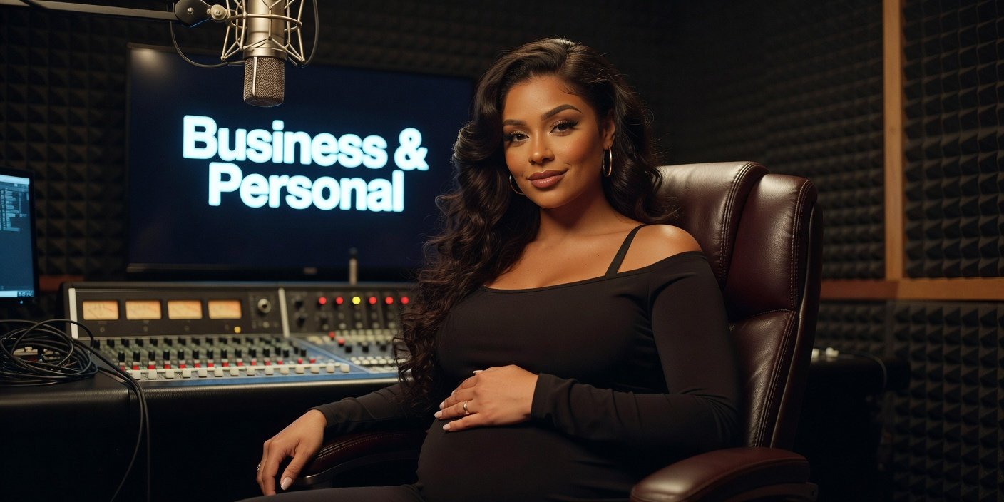 Rapper Latto in a professional news portrait, announcing her pregnancy and new album 'Big Mama' with her single "Business & Personal."