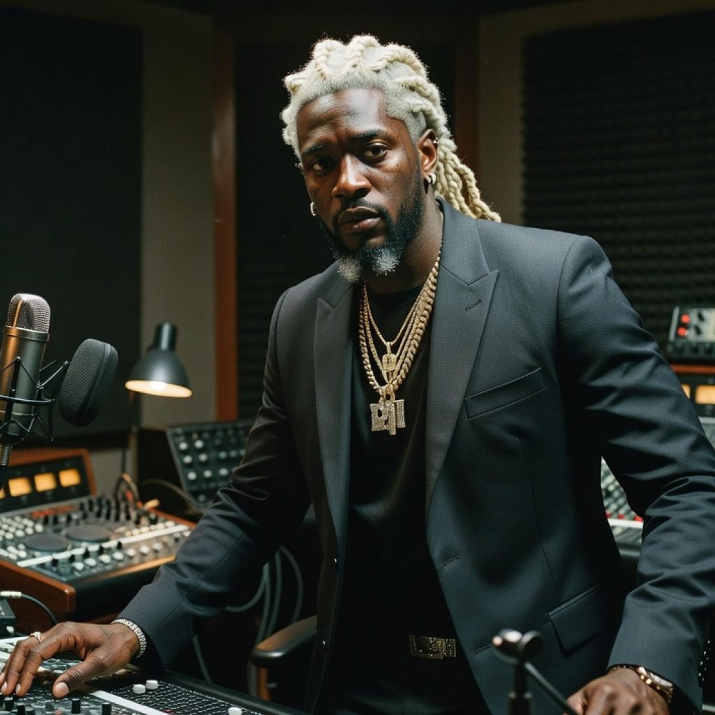 Professional editorial portrait of Young Thug performing in the studio.