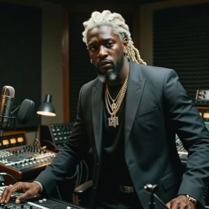 Professional editorial portrait of Young Thug performing in the studio.