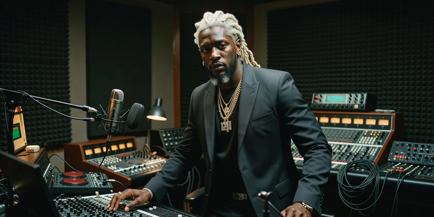 Professional editorial portrait of Young Thug performing in the studio.